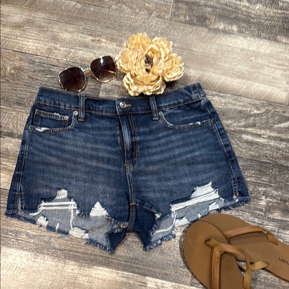 Aerie Blue Distressed Jean Shorts with Frayed Hem